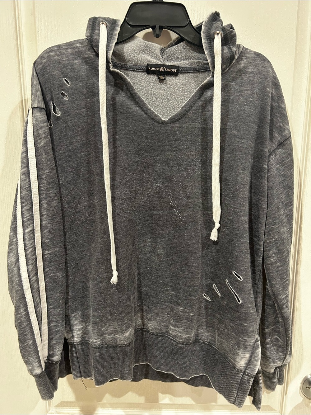 Almost Famous Women's Distressed V-Neck Hoodie Sweater - Charcoal